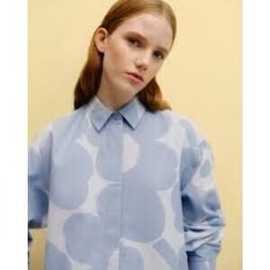 Marimekko Ruoste Unikko Button Down Blouse in Blue Poppy Women's 40 Large